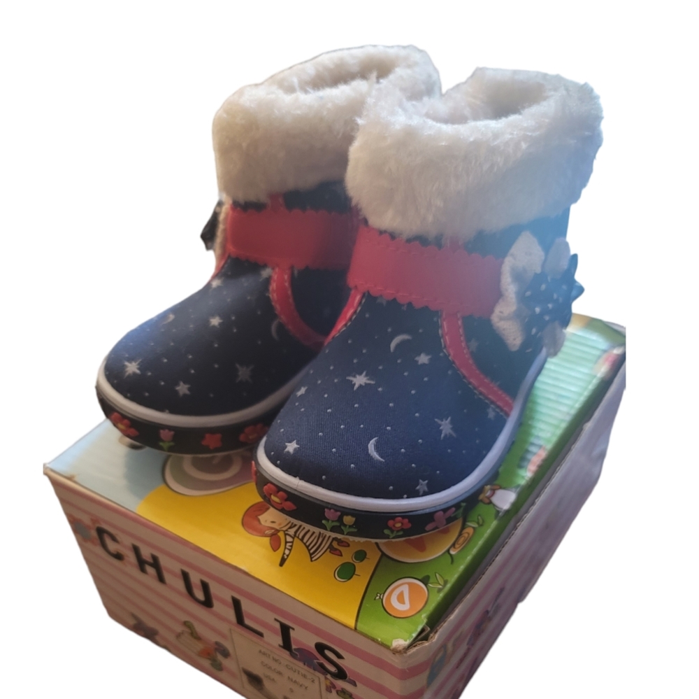 Chulis Cutie-2 Little Girls Navy Blue Stars and Moon Boots with Bow, Size 5